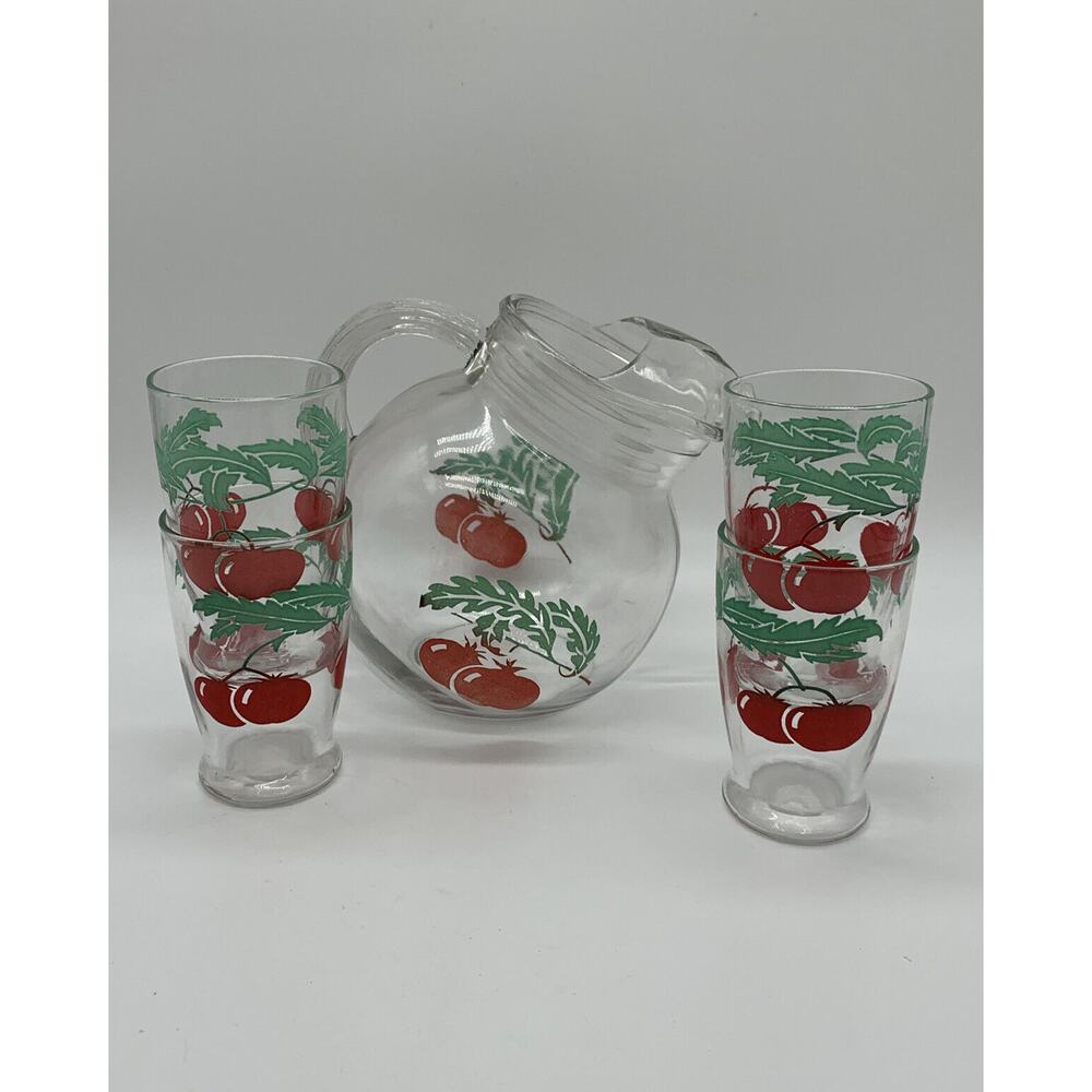 Vintage Tomato Tilted Glass Juice Pitcher Ice Lip 4 4 Oz Juice Glasses Read